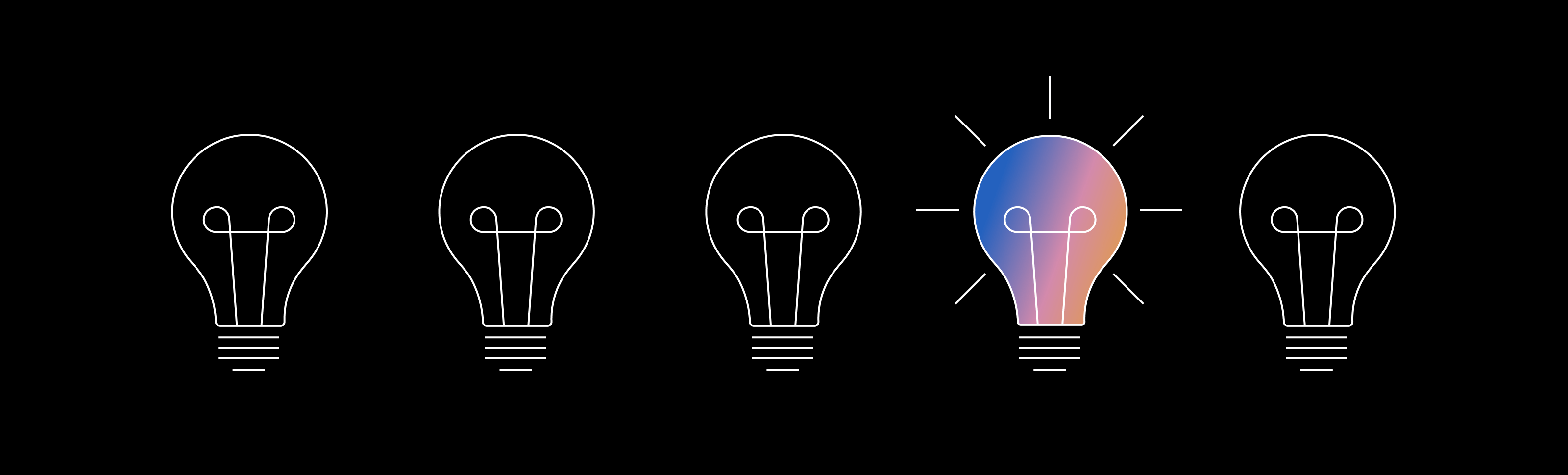 illustrations of 5 lightbulbs with one bright